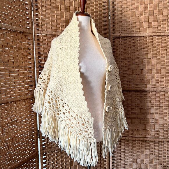 Handmade Crocheted Fringe Shawl Wrap Triangle Shape Crochet Buttons Cream Beige - Picture 4 of 14